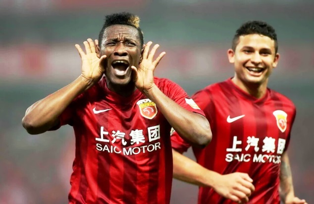 Gyan celebrates one of his goals against Shanghai SIPG