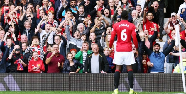 The French midfielder celebrates his goal against the Foxes in front of thousands of Man Utd suppporters at Old Trafford
