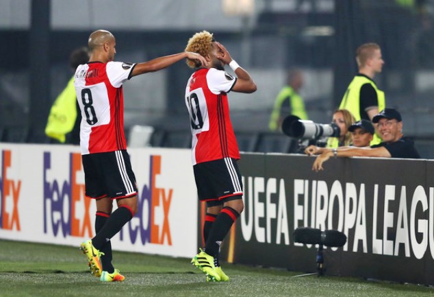Feyenoord's Trinidade (right) celebrates his goal against Man Utd in the Europa League at Stadion Feijenoord