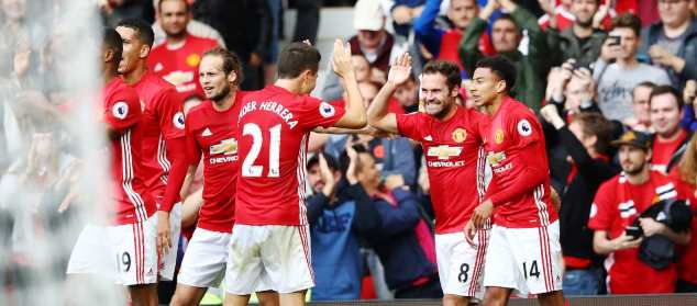 Mata (second from right) celebrates with his Man Utd teammates after scoring against Leicester City in the Premier League 