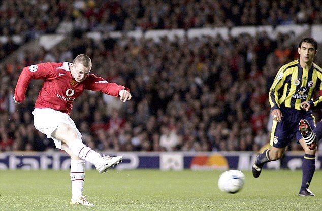 Rooney scores for Man United against the Yellow Canaries on his European debut in 2004