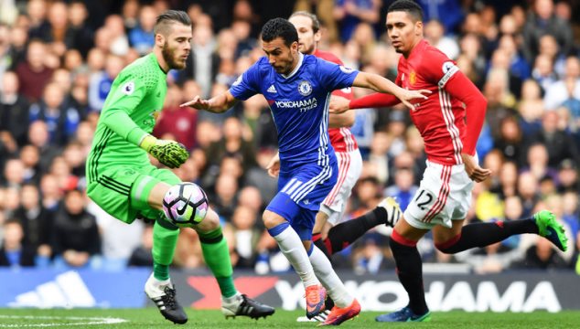 Pedro (with the ball) runs past Man United's defensive duo of Daley Blind and Chris Smalling, and goalkeeper David De Gea before scoring against the Red Devils last weekend