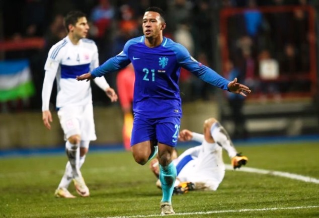 Depay celebrates scoring against Luxembourg on Sunday