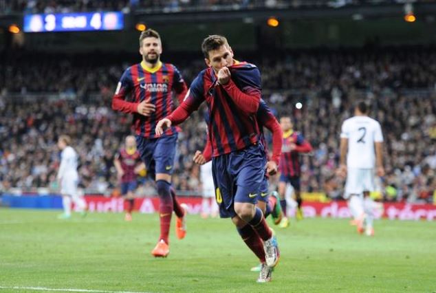 Messi celebrates scoring against Real Madrid in a previous Clasico