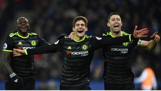 Victor Moses (left), Marcos Alonso (middle) and  Gary Cahill celebrate Alonso's goal for the Blues