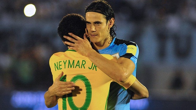 Neymar and Cavani embrace each other after the thrilling match in Uruguay on Thursday evening