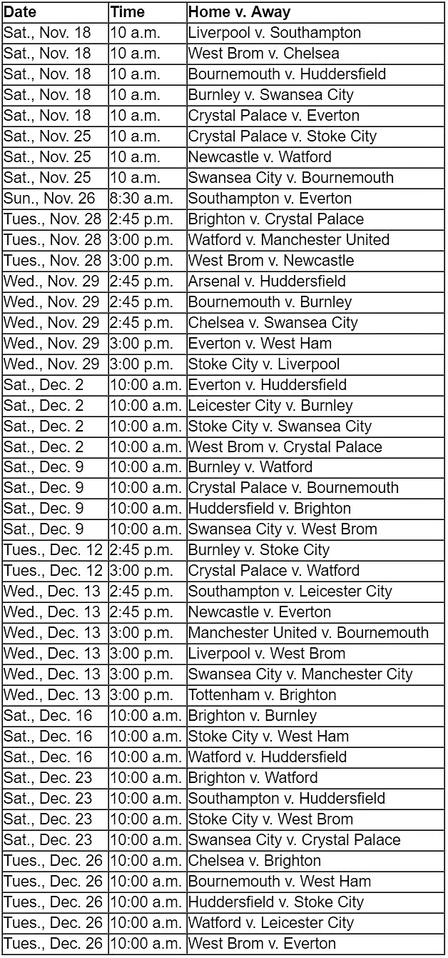 NBC Sports Gold “Premier League Pass” match schedule from Nov. 18 through Boxing Day on Dec. 26