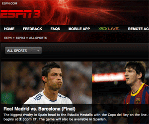 ESPN3 showing Barcelona vs Real Madrid.