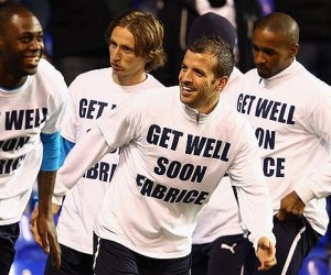 Spurs players showing support with T-Shirts. Everybody loves Bolton Wanderers' Fabrice Muamba.