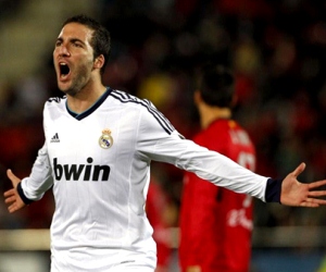 Gonzalo Higuain celebrates his goal against Real Mallorca. The striker will be hoping to get on the score sheet against Alcoyano in the Copa del Rey on October 31, 2012.