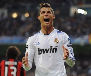 (2010) Cristiano Ronaldo celebrates his goal against AC Milan in the UEFA Champions League.