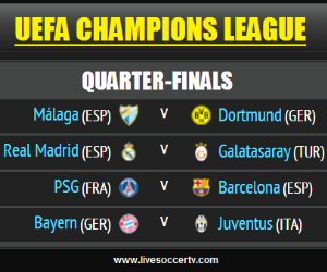 Watch two UEFA Champions League quarter-final matches live - PSG vs Barcelona and Bayern Munich vs Juventus - on Tuesday, April 2, 2013.