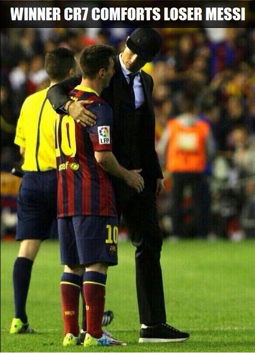 Cristiano Ronaldo comforts Lionel Messi.