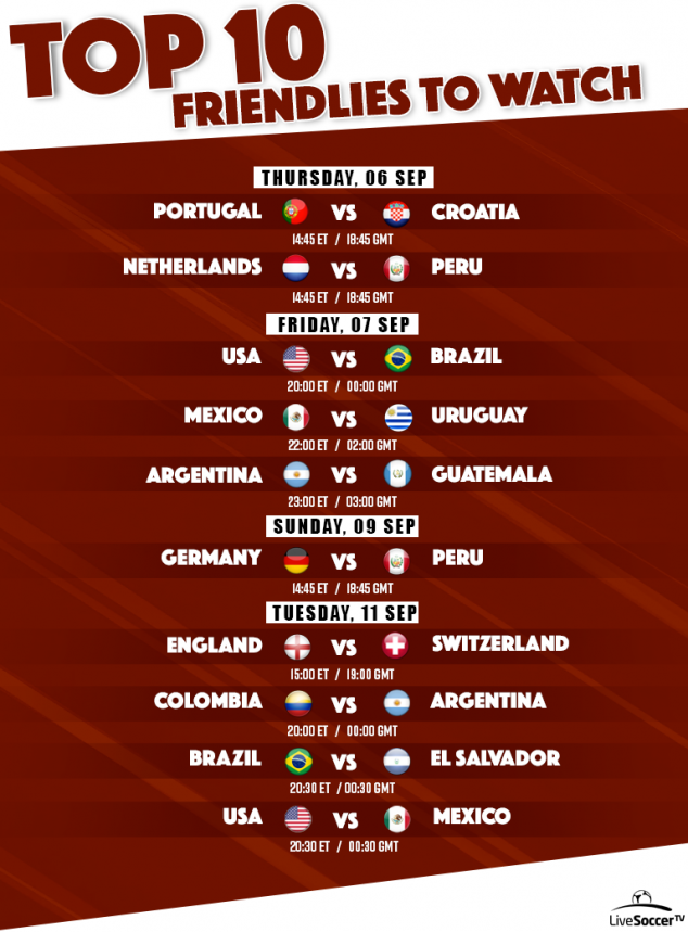 Football TV Schedules, USMNT, Brazil, Netherlands, Argentina, Colombia, Portugal, International Friendly
