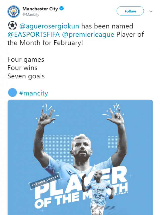 Sergio Aguero, February Player of the Month, Manchester City, English Premier League