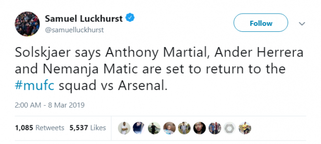 Anthony Martial, Ander Herrera, Nemaja Matic, Manchester United, Arsenal, English Premier League