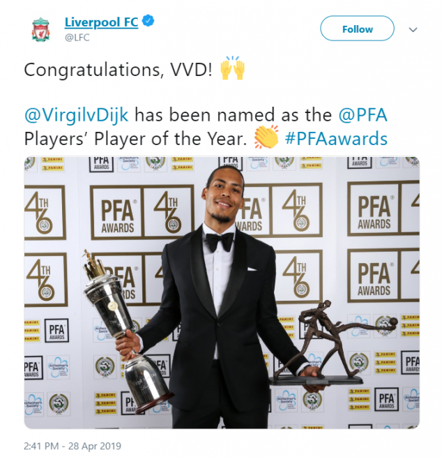 Virgil Van Dijk, Liverpool, PFA Player of the Year