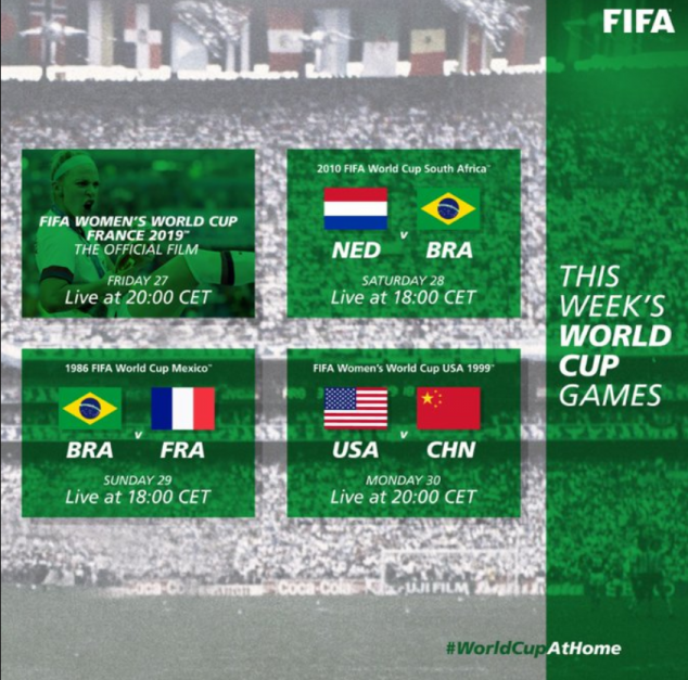 #WorldCupAtHome, FIFA Men's World Cup, FIFA Women's World Cup, Netherlands, Brazil, Brazil, France, USWNT, CHINA PR