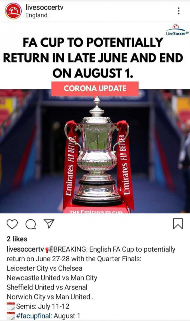 English FA Cup, Return Date, June, August, Coronavirus