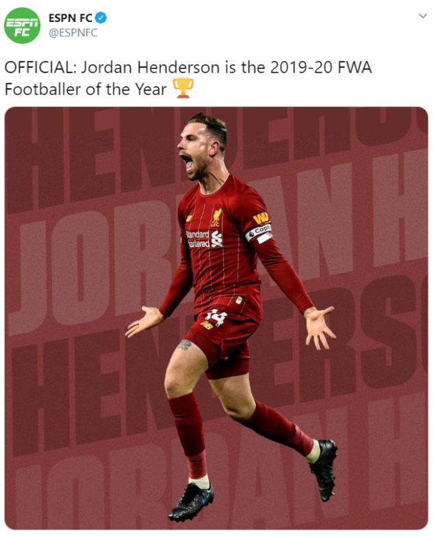 Jordan Henderson, FWA Footballer of the Year, Liverpool, English Premier League