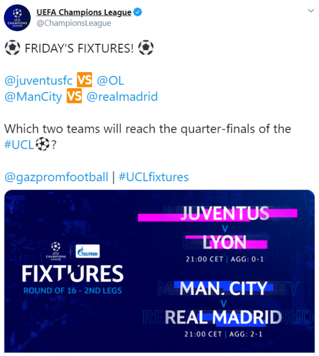 UEFA Champions League, Return, Round of 16, Manchester City, Real Madrid, Juventus, Lyon