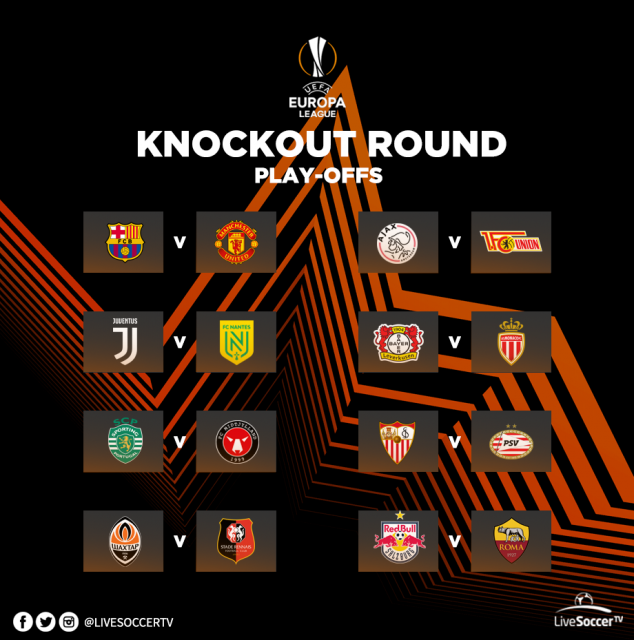 Manchester United, Barcelona, Bayer Leverkusen, Juventus, Roma, PSV, Sevilla, RB Salzburg, Monaco, UEFA Europa League, UEL Draw, Knockout Round Play-offs