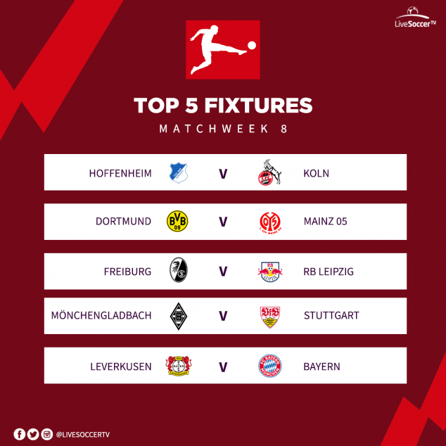 Bundesliga, Top Fixtures, Leverkusen, Bayern Munich, Dortmund, Mainz, Freiburg, RB Leipzig, Borussia M'gladbach, Stuttgart, Koln, Hoffenheim