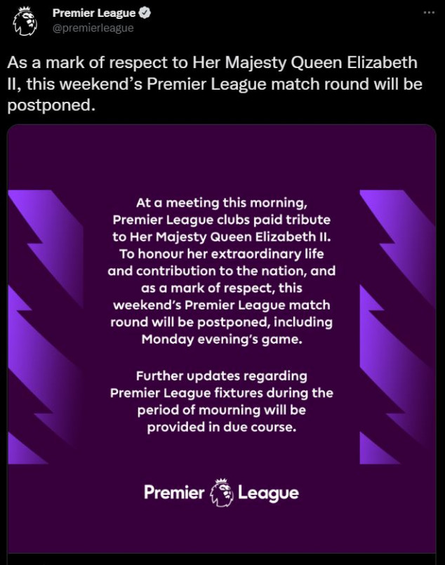 English Premier League, Queen Elizabeth II, Postponed